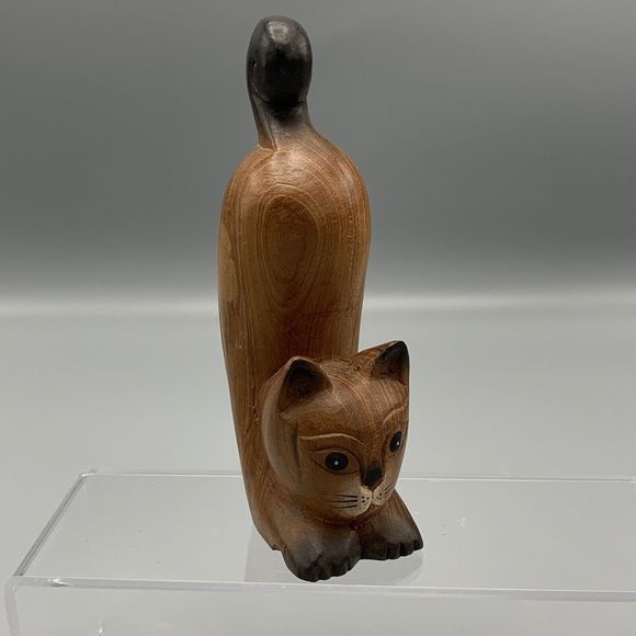 Cute Arched Back Brown Cat Hand Carved Solid Piece of Wood Halloween 6.5 in Tall - Picture 10 of 10